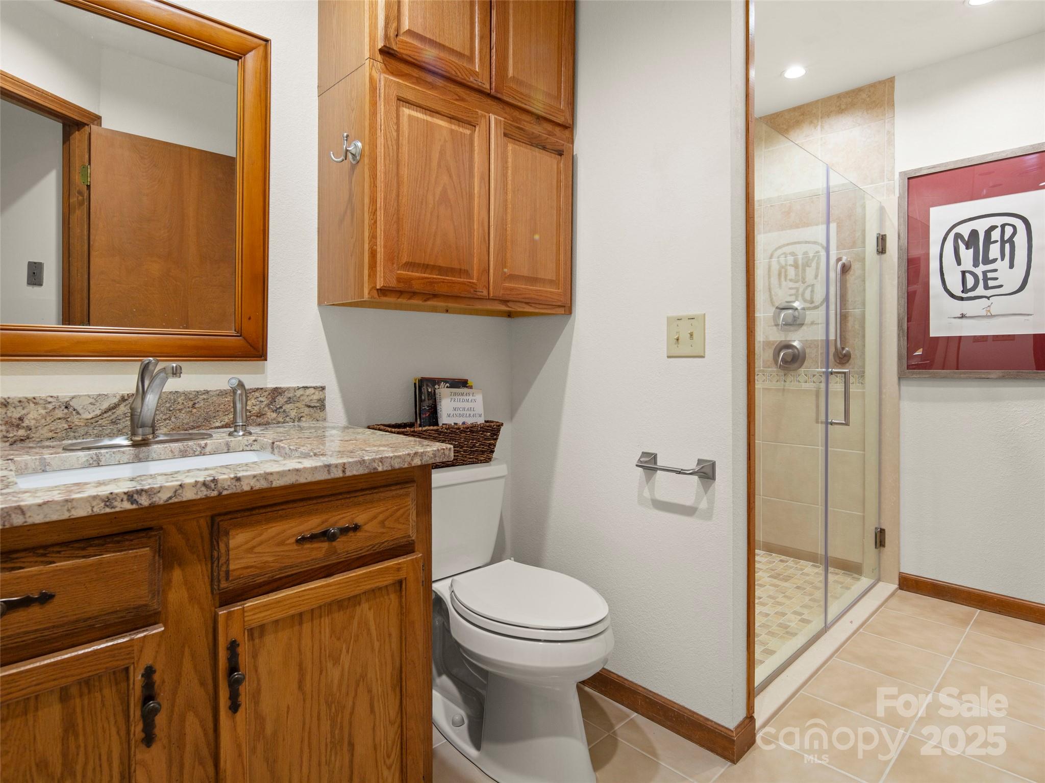 167 Country Ridge Road Laurel Park, NC 28739 - Photo 26 of 27 a bathroom with a granite countertop sink toilet and shower