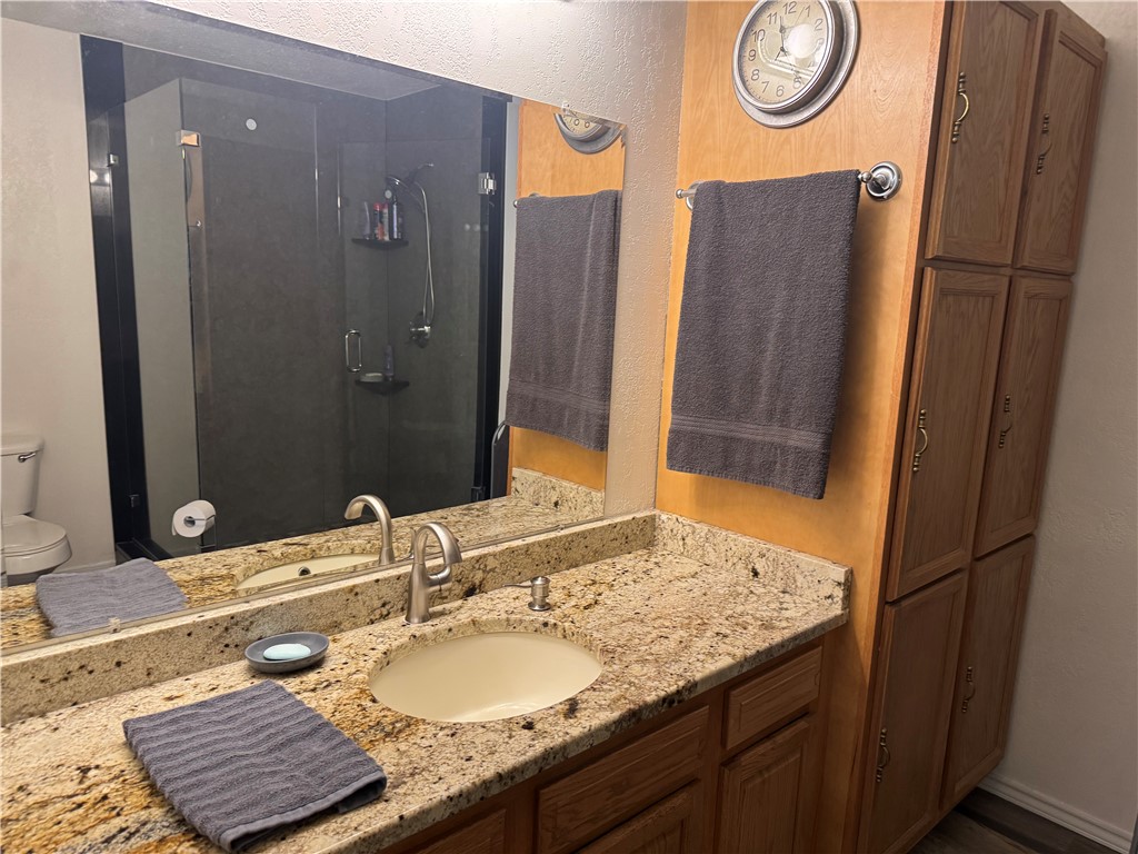 95 Deer Run Road Delaware, AR 72835 - Photo 33 of 40 Bathroom featuring a granite-finish countertop, integrated sink, and brushed nickel faucet