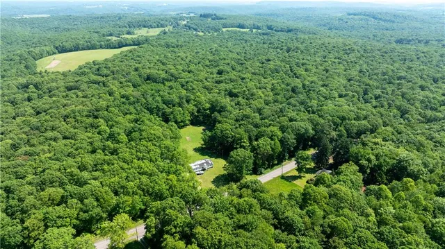 an aerial view of residential house with outdoor space and trees all around