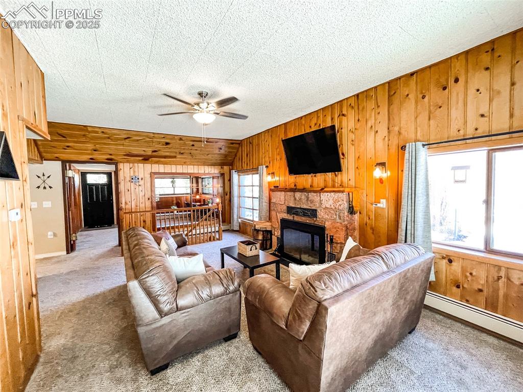 6025 Sioux Trail Cascade, CO 80809 - Photo 11 of 42 a living room with furniture a fireplace and a flat screen tv
