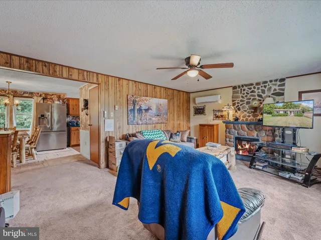 a living room with furniture and a ceiling fan