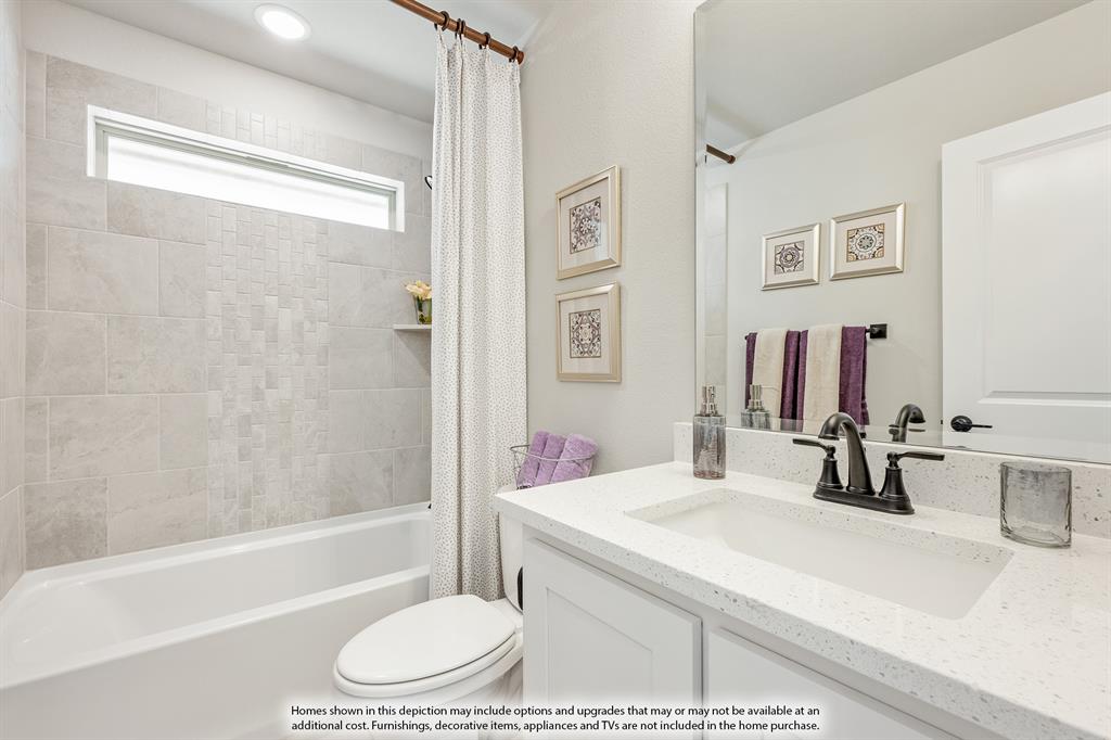 1141 Hitching Post Way Oak Point, TX 75068 - Photo 35 of 39 a bathroom with a granite countertop sink a toilet and shower