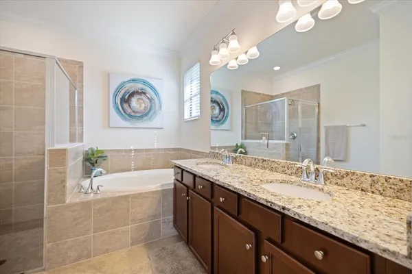 a bathroom with a granite countertop sink a large mirror and a bathtub