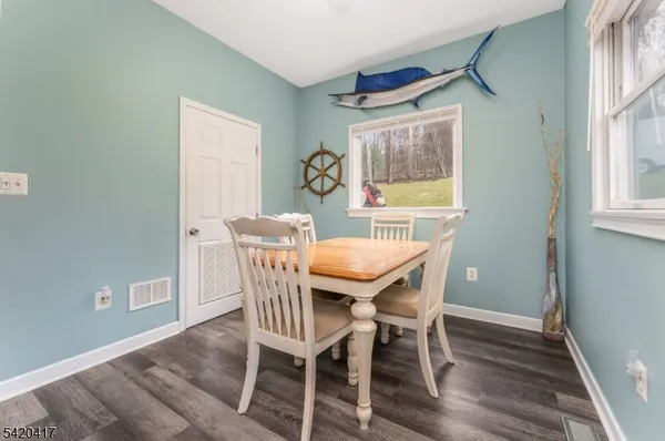 a view of a dining room with furniture wooden floor and a window