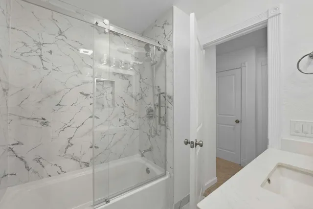 a bathroom with a bathtub