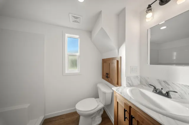 a bathroom with a sink toilet vanity and mirror
