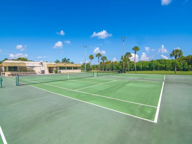 a view of a tennis ground with large trees