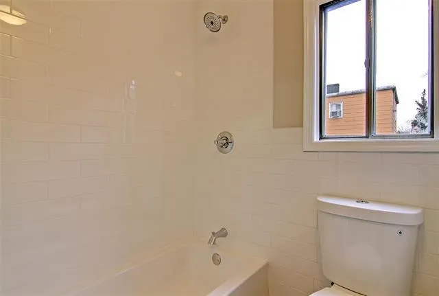 a bathroom with a shower a toilet and a window