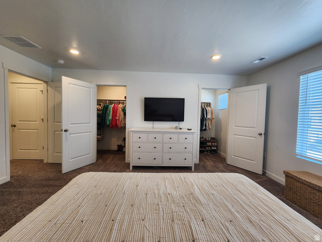 1736 East Fall Street Eagle Mountain, UT 84005 - Photo 10 of 30 Bedroom with dark colored carpet, multiple windows, a spacious closet, and recessed lighting