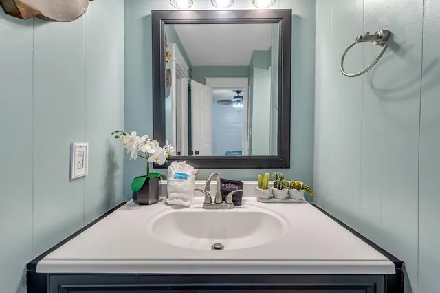 a bathroom with a sink and a mirror