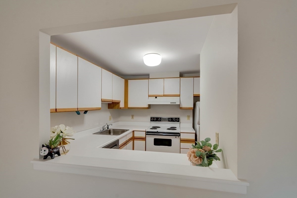 1 Watermill Place, Unit 308 Arlington, MA 02476 - Photo 17 of 27 a kitchen with stainless steel appliances a stove a sink cabinets and a window