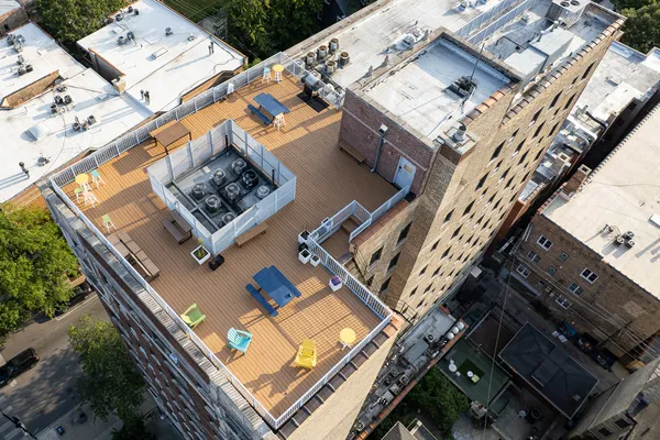an aerial view of a city with balcony