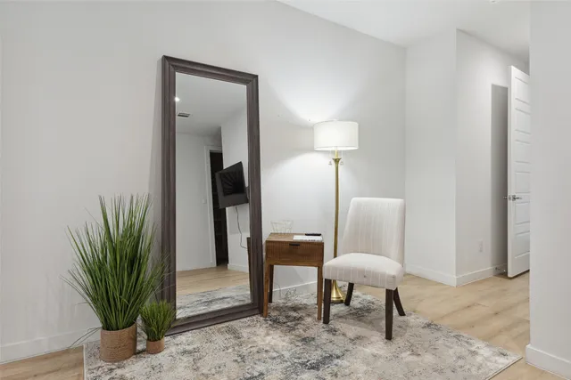 a living room with furniture and a potted plant