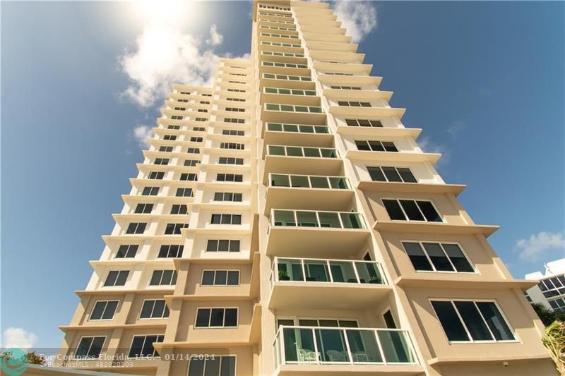 a front view of a tall building
