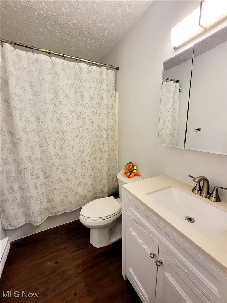 631 Root Road Lorain, OH 44052 - Photo 20 of 24 Bathroom featuring wood-type flooring, a textured ceiling, a shower with shower curtain, vanity, and toilet