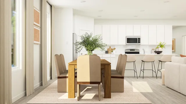 a view of a dining room with furniture