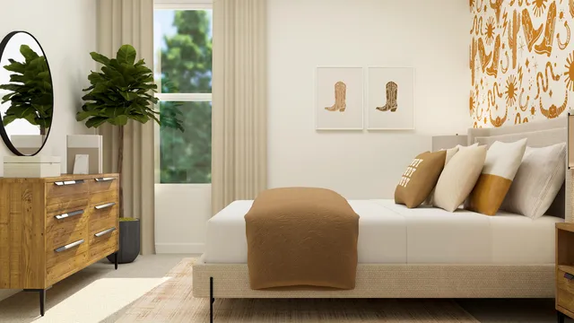 a bedroom with a bed and potted plant with painted walls