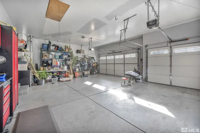 a view of a garage with storage