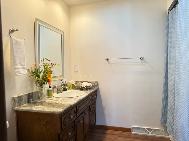 a bathroom with a sink and a mirror