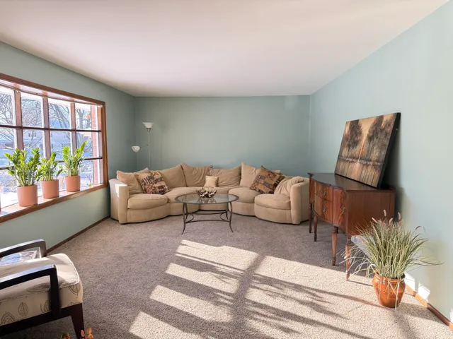 a living room with furniture and a potted plant