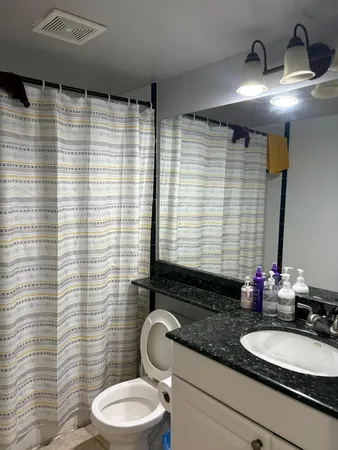 a bathroom with a granite countertop sink toilet a mirror and shower curtain