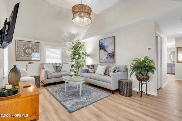 a living room with furniture potted plant and a table