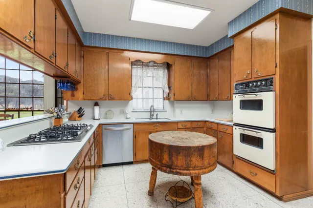 a kitchen with a sink a stove and cabinets