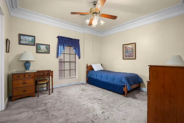 a spacious bedroom with a bed and a dresser