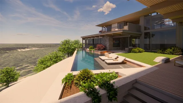 swimming pool view with a seating space