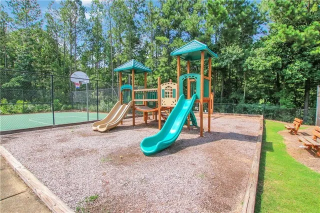 a view of a park with slide