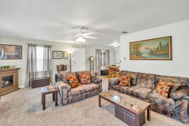 a living room with furniture and a fireplace
