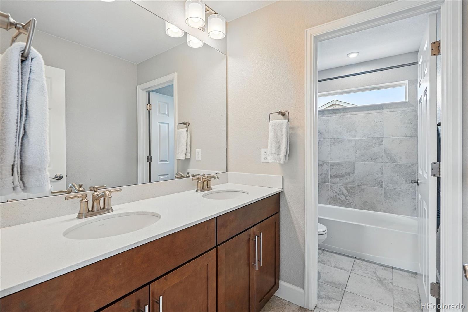 745 Penstemon Drive Henderson, CO 80640 - Photo 19 of 38 a bathroom with a sink vanity granite tub shower and a mirror