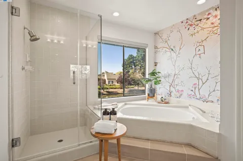 a bathroom with a bathtub and a shower