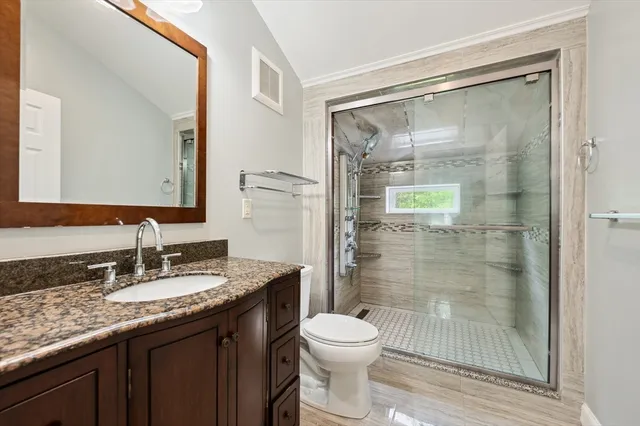 a bathroom with a granite countertop sink toilet and shower