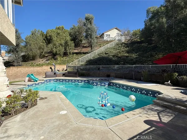 a view of a swimming pool with a yard