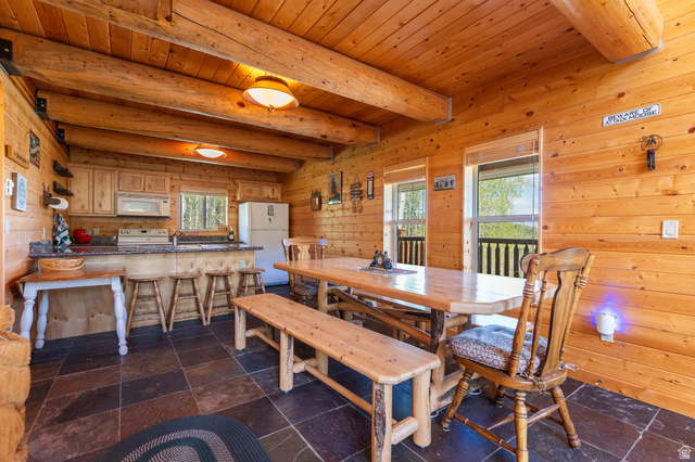 2096 South Aspen Ridge Coalville, UT 84017 - Photo 14 of 44 Spacious open-concept kitchen and dining area featuring natural wood paneling and exposed beam ceiling