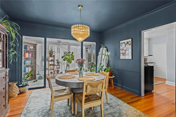 a view of a dining room with furniture