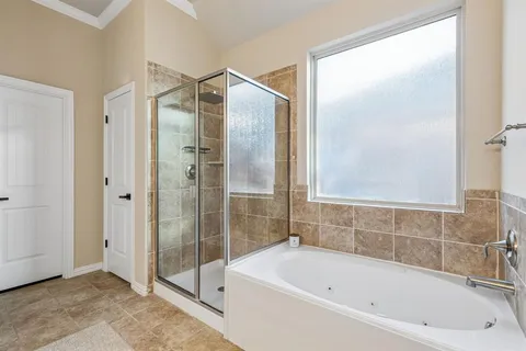 a bathroom with a bathtub and a shower
