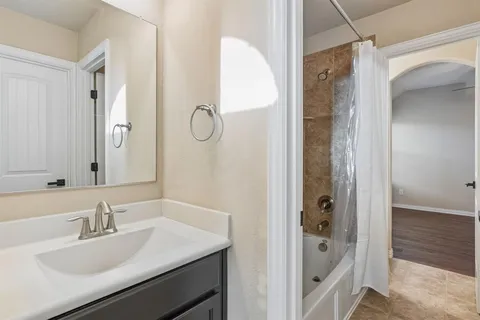 a bathroom with a sink and a mirror