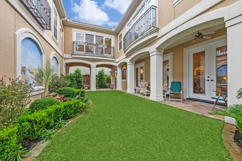 a view of a building with a garden