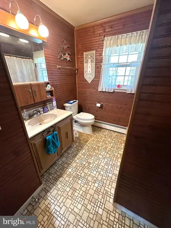 a bathroom with a sink a toilet and mirror