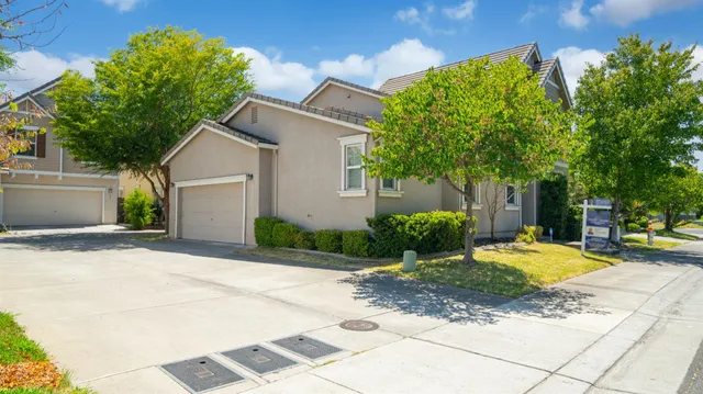 a view of a white house with a small yard and large tree and plants
