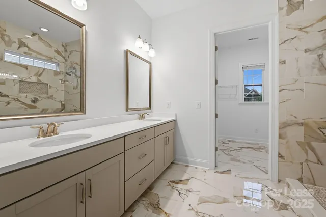 a bathroom with a double vanity sink mirror and shower