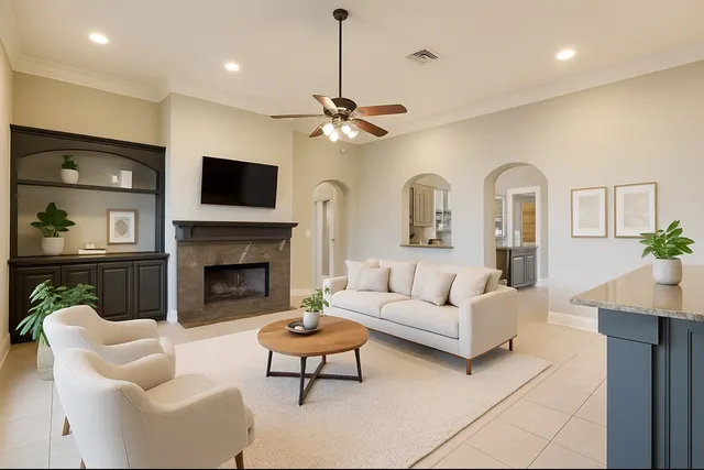 a living room with furniture a fireplace and a flat screen tv