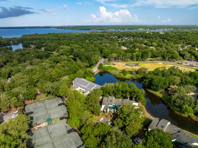 an aerial view of residential houses with outdoor space and trees