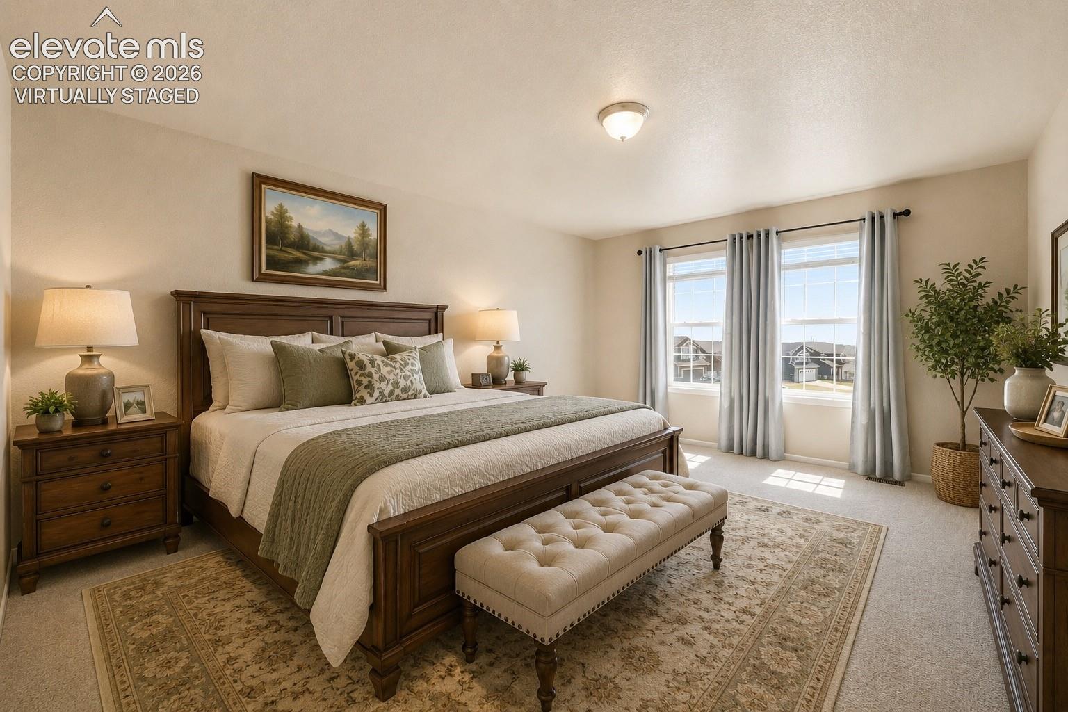 7274 Red Cardinal Loop Colorado Springs, CO 80908 - Photo 17 of 33 *Virtually Staged*
Carpeted flooring, two pane windows, flush mount ceiling light, and neutral wall tones