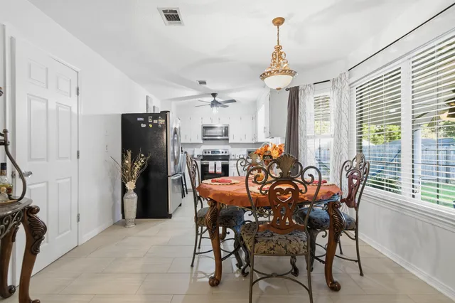 a view of a dining room with furniture window and outside view