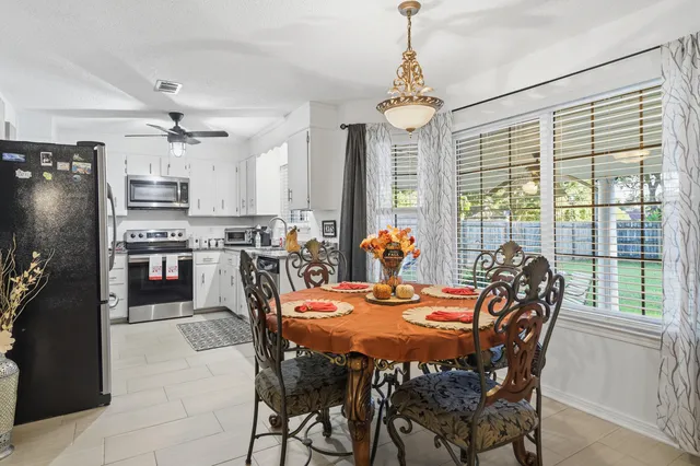 a view of a dining room with furniture window and outside view