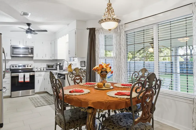 a view of a dining room with furniture window and outside view