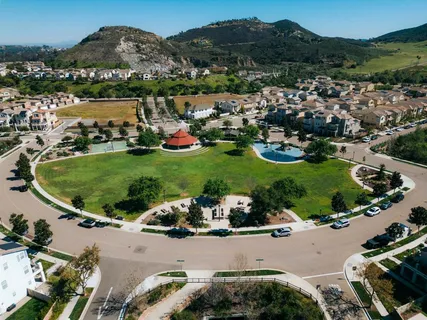 an aerial view of a house with a garden
